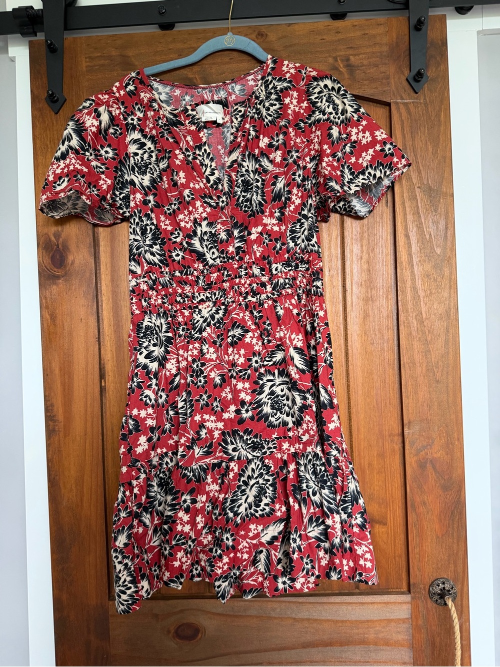 Anthropologie Red Floral V-Neck Mini Dress